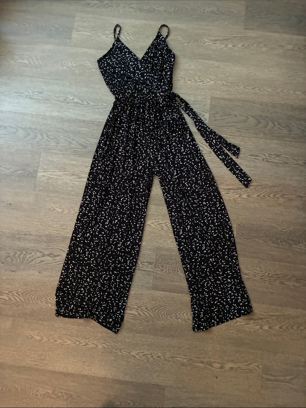 Women’s Black Printed Wide-Leg Jumpsuit with Tie Waist